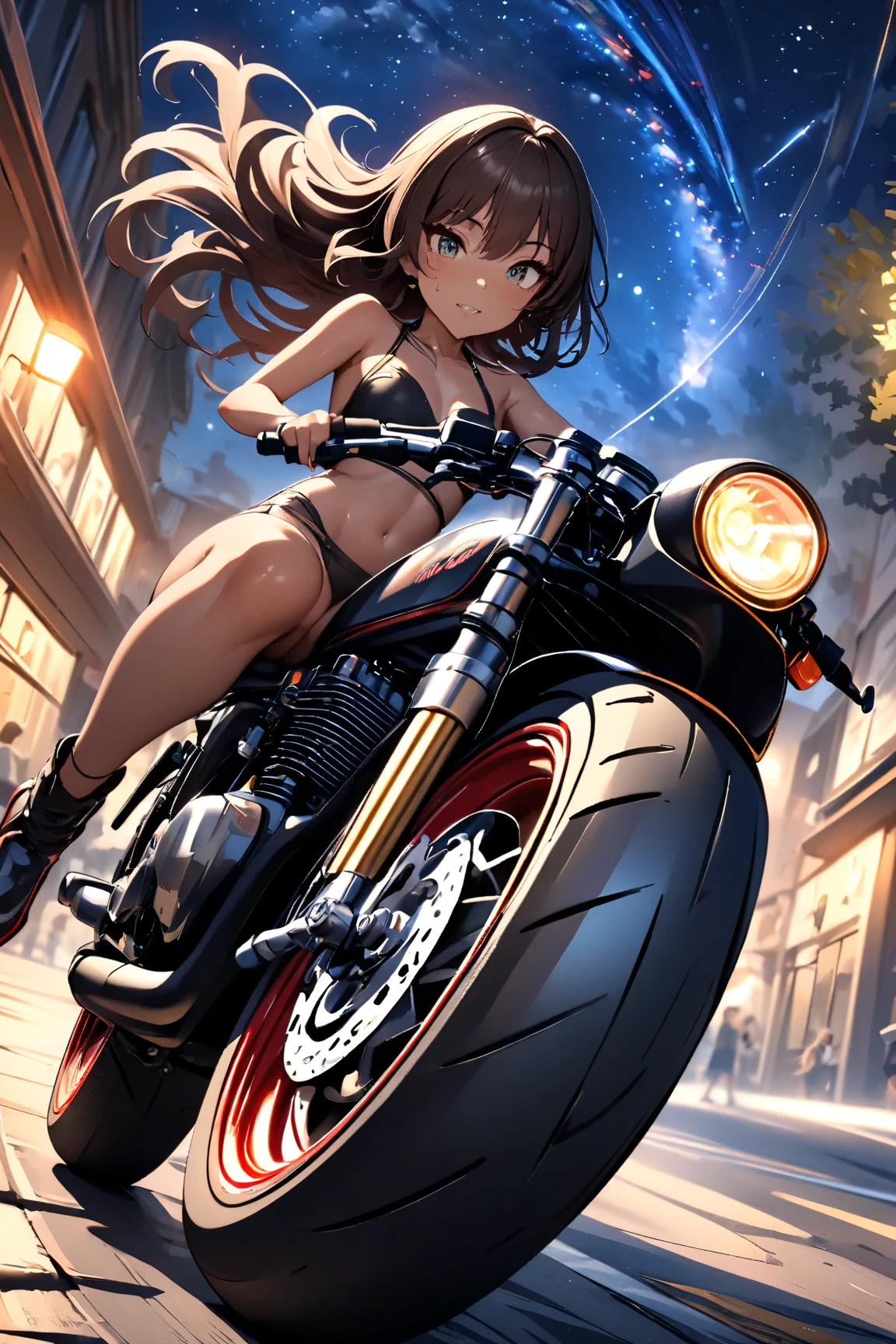 A girl riding a cafe racer-tuned motorcycle, glossy brown skin, small breasts, full body, very detailed face, Lip details, beautiful eyes, double eyelid, 4K, masterpiece., ACTION PAINTING, best quality, Beautiful starry sky, beautiful night view 