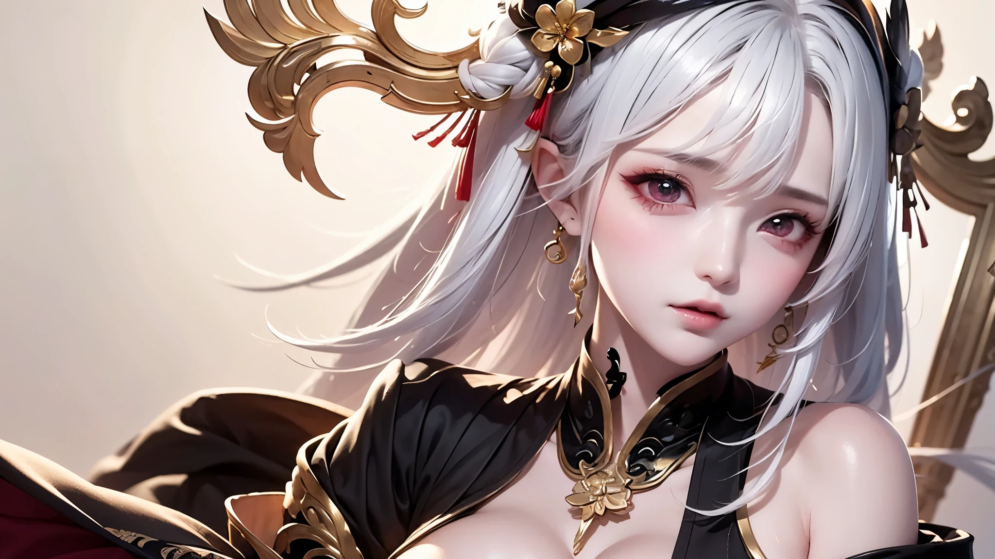 super high quality, masterpiece, Perfect illustration, Very detailed:1.6, 1girl, 23 years old, cute girl, white hair, sharp and big beautiful eyes, large breasts, bright skin. fantasy royalty, onmyoji, majesty, asian dress. black and gold clothes. simple background, white background