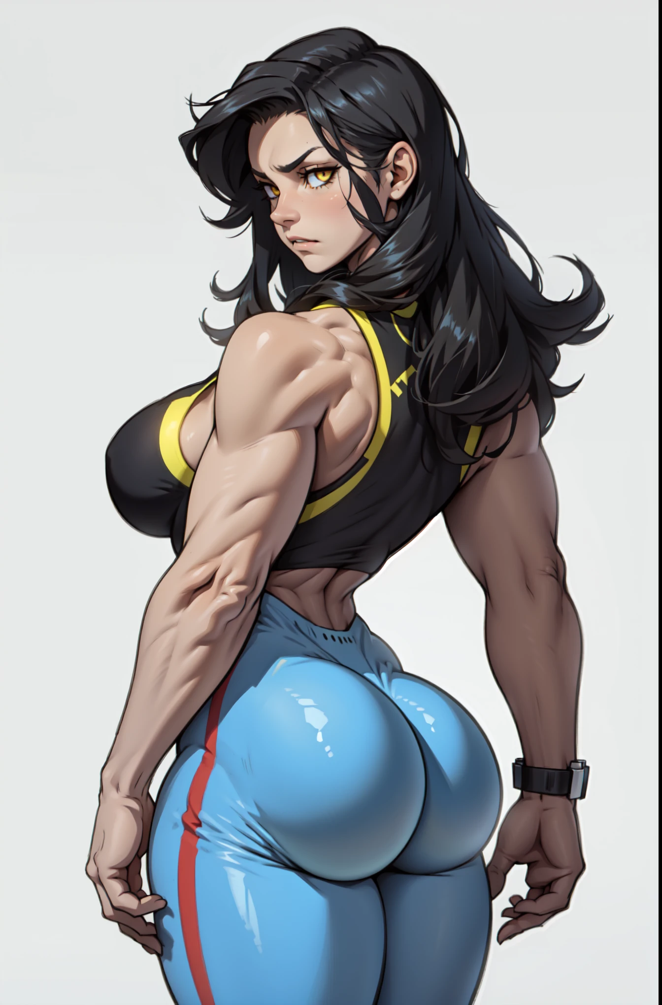 ((((((1 girl grey background muscular)))))) angry yellow eyes black hair pale skin thick thighs micro bikini solo standing sweaty extremely long hair ((from behind))