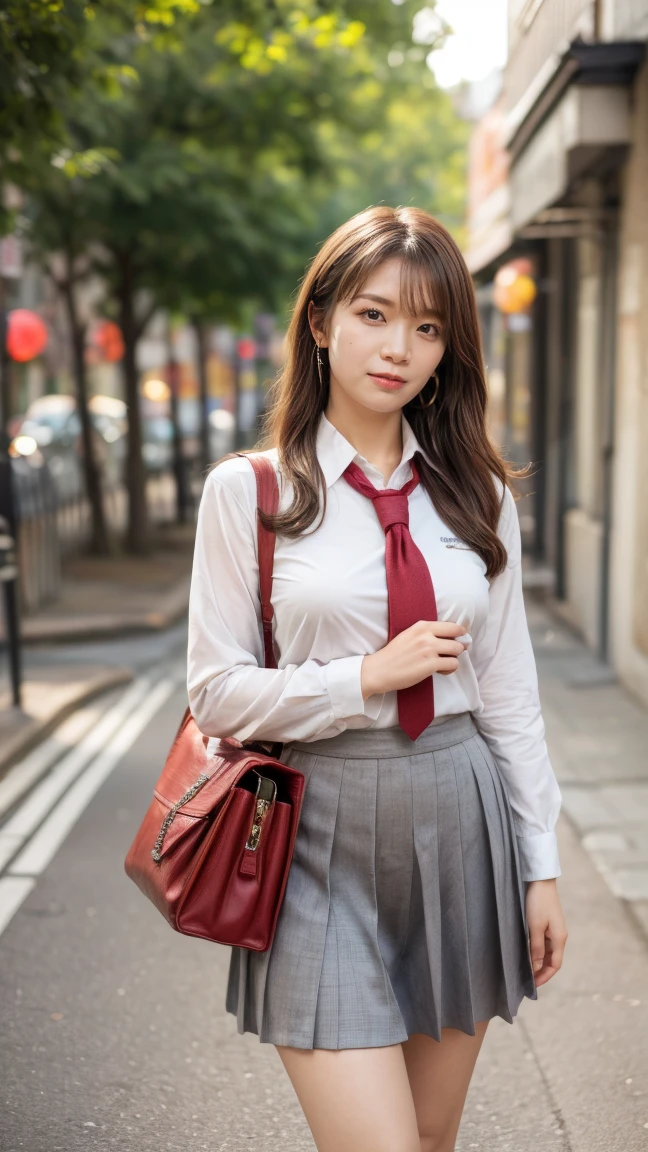 a beautiful 18 year old Japanese high school girl with perfect anatomy, healthy thighs, beautiful legs, beautiful skin, random hair color and style, large breasts, (wearing a Japanese schoolgirl uniform:1.3), (she is standing:1.2), penny loafers, holding a student bag, full body shot, standing on a city street, (best quality,4k,8k,highres,masterpiece:1.3),(extremely detailed:1.2),photorealistic,ultra-detailed,vivid colors, studio lighting, professional, Manatsu Akimoto