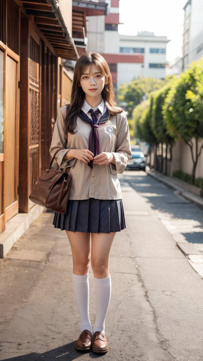 a beautiful 18 year old Japanese high school girl with perfect anatomy, healthy thighs, beautiful legs, beautiful skin, random hair color and style, large breasts, (wearing a Japanese schoolgirl uniform:1.3), (she is standing:1.2), penny loafers, holding a student bag, full body shot, standing on a city street, (best quality,4k,8k,highres,masterpiece:1.3),(extremely detailed:1.2),photorealistic,ultra-detailed,vivid colors, studio lighting, professional, Manatsu Akimoto