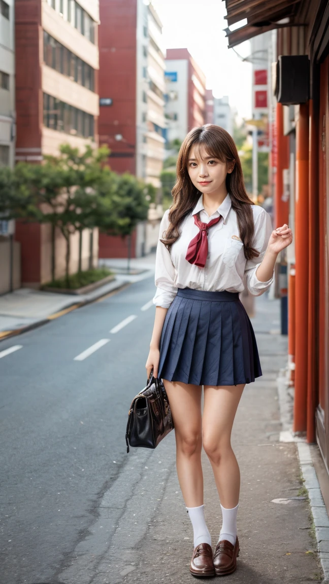 a beautiful 18 year old Japanese high school girl with perfect anatomy, healthy thighs, beautiful legs, beautiful skin, random hair color and style, large breasts, (wearing a Japanese schoolgirl uniform:1.3), (she is standing:1.2), penny loafers, holding a student bag, full body shot, standing on a city street, (best quality,4k,8k,highres,masterpiece:1.3),(extremely detailed:1.2),photorealistic,ultra-detailed,vivid colors, studio lighting, professional, Manatsu Akimoto