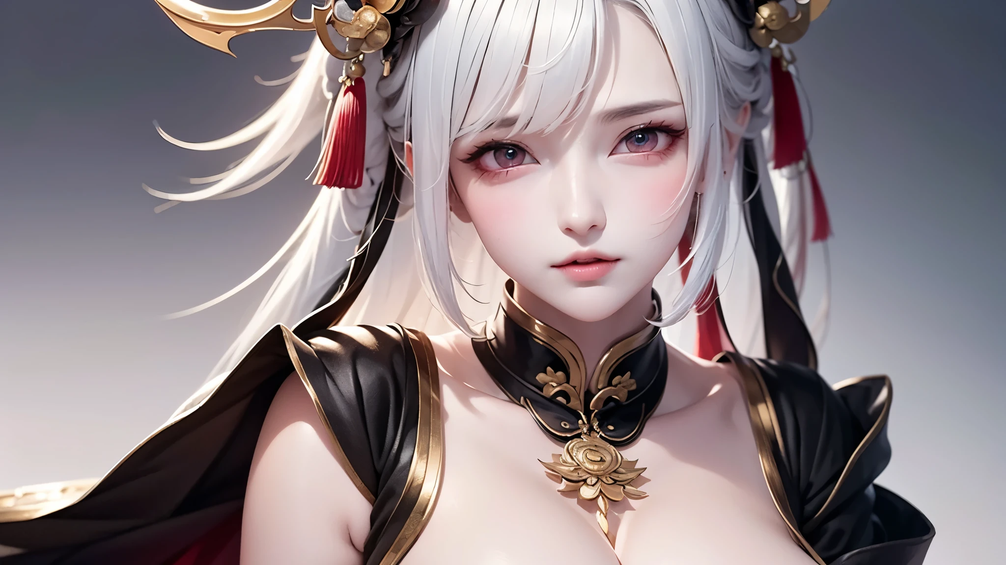 super high quality, masterpiece, Perfect illustration, Very detailed:1.6, 1girl, 23 years old, cute girl, white hair, sharp and big beautiful eyes, large breasts, bright skin. fantasy royalty, onmyoji, majesty, asian dress. black and gold clothes. simple background, white background