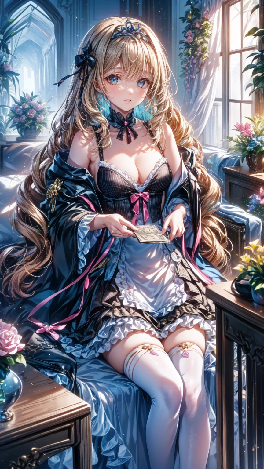 (8k,  top quality,   Masterpiece  : 1.2),   ultra high resolution  ,,  Marie Antoinette ,  super detailed face ,fine grain,  please open your mouth slightly  ,( blonde alone), long hair,   Wavy Hair  , break,Rococo Ruffle Dress,Long sleeve dress,  dress for lying on a wooden boat has a long skirt ,  Baroque Dress  ,   intricate fantasy dress  , Luxurious and glamorous dress ,   romantic dress, Frilled outfit  ,lottery, Data Style, Formal Wear, Fancy Fashion, palate colors include  pink and white,( pink:1.5),Class A Smile,Gold Tiara,   Necklaces  , sits in a luxurious chair,   You Need to Touch Your Hands   ,(  rainbow light  :1.4),,  the side face of a person looking out of the window  , Rosebush is reflected in the window  ,(Inside Victoria Palace)、Her eyes are shining、今彼女の blonde aloneの髪は腰まで伸びている、Rose-colored gradation and three, 薄い pinkのロック. 彼女は花柄の装飾が施されたGold Tiaraを着用し、  Matching earrings    , white flower choker. 彼女は金色のボタンで縁取られたフリル付きの白いストライプの pinkのトップを着ている,  The white sleeves are in the shape of a bud  ..   with a magenta ribbon flowing out of her chest  ..、 tied at the back of her neck 、Matching chest piece, Decorated with flowers.  her frilly skirt is separated by a white line ,  Fastened with a large magenta ribbon 、Decorated with gold,   There is a small ribbon on the back  . Her mini skirt、薄い pinkのマゼンタの貝殻状の裏地と白い花のペチコートでできている. 彼女は pinkの花がついた白い手袋も着用している, 白と薄い pinkの靴には、ゆるいカフとDecorated with flowersたマゼンタのリボンがある.
