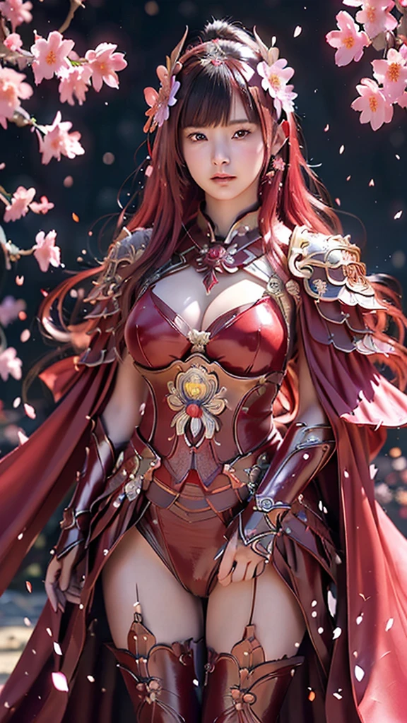 A sexy female character wearing red armor as a warrior from the Warring States period、((realistic))、((Medium long hair))、((Cherry red hair))、((toned body))、(glistening skin)、 tight body、((mega breasts 1.8))、 plump breasts 、 plump thighs 、 The red armor with the Satsuki flower pattern engraved on it is bikini type and is designed to accentuate chest exposure、( Wearing a cape with azalea flower pattern)、garter skirt、White shin guards engraved with azalea flowers、Red high-cut underwear、Red tights、 absolute domain、((looking back))、Dramatic lighting、((Azalea flowers in full bloom are blooming in the background))、((Large azalea flowers in full bloom are blooming on the front))、 cinema-like scene 、((Background Japanese Satuki azalea)) 、((foreground Japanese Satuki azalea))、 Max Image、 Ultra High Definition、8k、masterpiece、crisp quality、