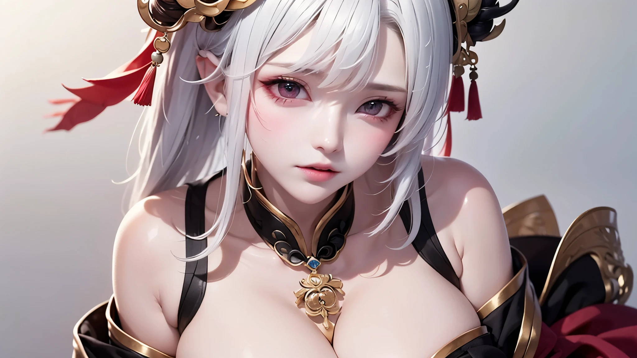 super high quality, masterpiece, Perfect illustration, Very detailed:1.6, 1girl, 23 years old, cute girl, white hair, sharp and big beautiful eyes, large breasts, bright skin. fantasy royalty, onmyoji, majesty, asian dress. black and gold clothes. simple background, white background