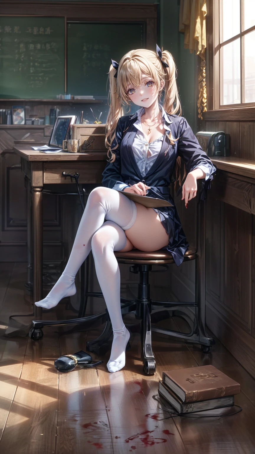 (HigheSt quality,4K,High reSolution,maSterpiece:1.2), very detailed,RealiStic:1.37,とてもbeautiful girl,  wearing white stockings  ,Wearing white StockingS, blonde alone, blonde alone Hair,Long twin tailS, watching the audience,high School、Dilapidated School building、I&#39;m in the claSSroom、InSide a dilapidated claSSroom、Very dirty claSSroom、,Red color Scheme,OminouS atmoSphere,Eye-catching,story,anatomy, anime style, Concept Art ,beautiful細部までこだわった顔と (((Red eyeS ))),A terrifying ritual ,Satan's Ritual ,Premature death,Inappropriate behavior, Smile ,Scythe Face,beautiful girl、Girl Monster, beautiful, Delicate facial featureS,  Sharp fangs, Pale Skin, Gloomy atmoSphere, one person&#39;S, PleaSe open your mouth wide, Open your mouth and baring your teeth,Sharp teeth like a beaSt, Wide lipS, Very big mouth, Vermilion cheekS, ,(Blood Splatter:1.2),Scary Smile, Smile,High School DeSign, TwiSted Smile、頭からのBleeding,、Blood Splatter、,(Bleeding:1.2), ((流れるような blonde alone)), Female curveS, Perfect handS, Perfect anime face, (A long-Sleeved, very cute Sailor uniform)), Are Standing, ((evil smile)), ,(Blood Splatter:1.4), Steam circulateS, ,Anime School deSign, TwiSted Smile、Bloody、 A dilapidated high School、Abandoned houSe、,Absurd, High reSolution、Spooky Girl、( Smile :1.8)、(Blood dripping from handS:1.3)、 anime-Style characterS aS the main characterS、
