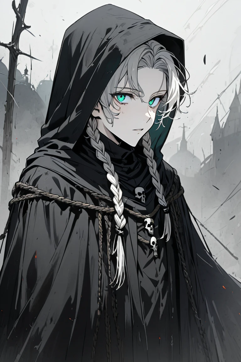 One Beautiful face young boy, Green-blue eyes, White Hair, Black Rope, Reaper, Priest, Long Viking Braided hair style, Skull mask, wearing hood