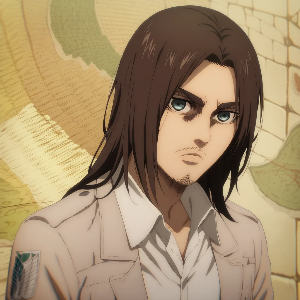 eren yeager s4, pretty facial , medium long beard, On a thin beak, His eyes are grey, serious look,  dark brown hair ,  medium long hair ,  white shirt rolled up ,  anime style  , attack on titan, type of animation map.  full body, a single character,  HIGH QUALITY
