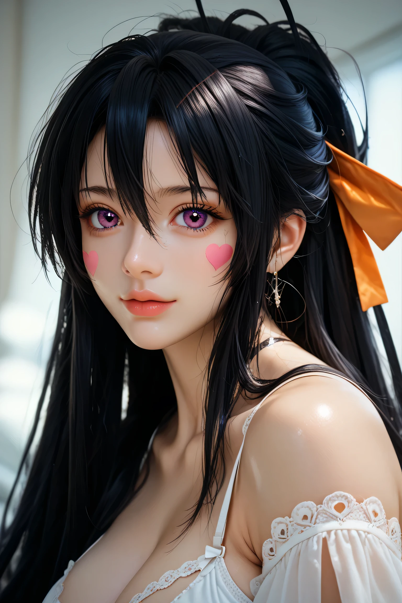 ( masterpiece , mejor calidad), 1 girl,2d, beautiful face,( long black hair ),( black hair)( black hair largo),( purple eyes),pesones with cold , HIGH QUALITY,ultra detailed ,himejima_akeno, collect,  long hair, orange ribbon in the hair, big breasts , heart shaped lingerie self adhesive stickers..