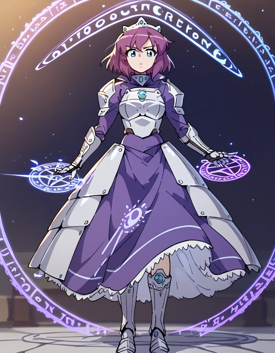 masterpiece, ((highest quality, perfect.anatomy)), vibrant colors, cowboy shot, wide view:1.3, from front, blight, BREAK (((Standing, thrust a longsword into the ground, Purple magic circle at your feet,))) BREAK 1girl, henrietta de tristain, short hair, blue eyes, purple hair, medium breasts, ribbon, armor, armored boots, gauntlets, armored dress, blue dress:1.4, looking at viewer, 