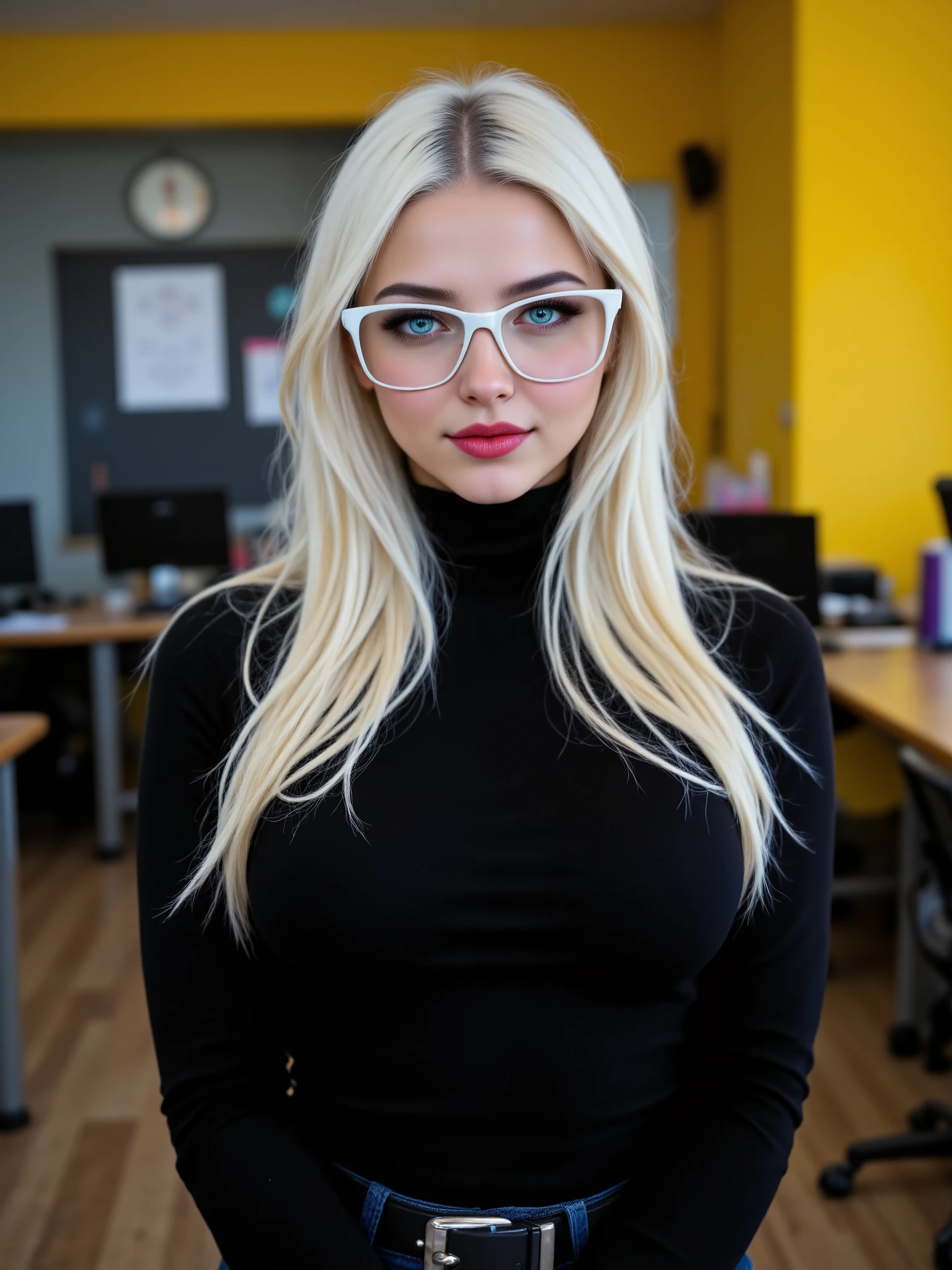 A photo of a young woman, age 20. 44dd. with platinum blonde hair shoulder length. wearing white frame large glasses and a form-fitting black top(Turtleneck) Fit  body. She is in a classroom with computers, setting with black and yellow walls. The woman is gazing seductively at the viewer with a soft smile and lustful eyes.smirking, smiling, Full lips. Her dark red lipstick and piercing blue eyes create a sense of both seduction and sexiness.