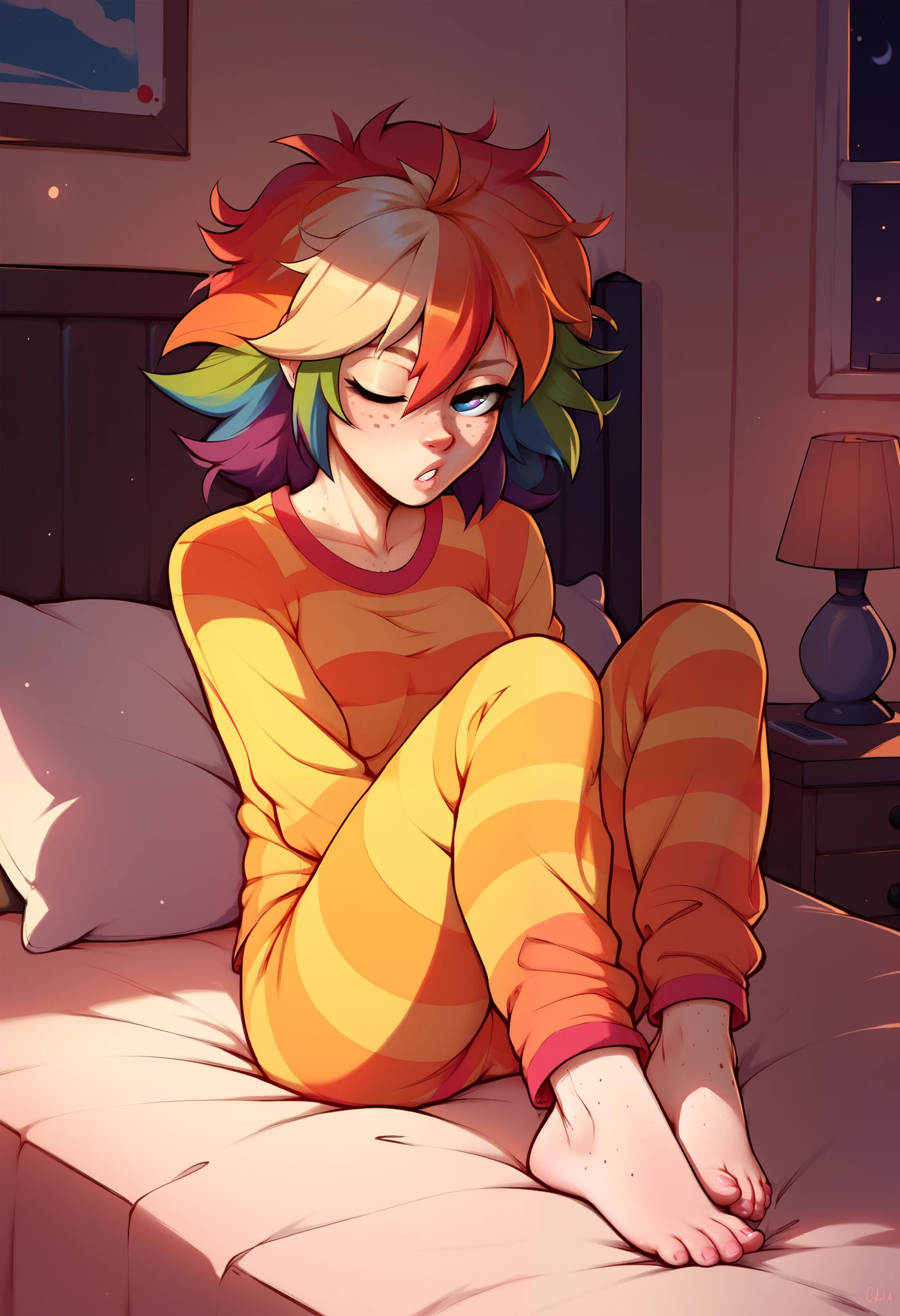 score_9, score_8_up, score_7_up, score_6_up, score_5_up, score_4_up, bedroom, crepuscular ray BREAK, 1girl, solo, looking at viewer, freckles, medium breasts, rainbow pajamas, messy hair, sitting, half-closed eyes, one eye closed, barefoot, feet BREAK,
 