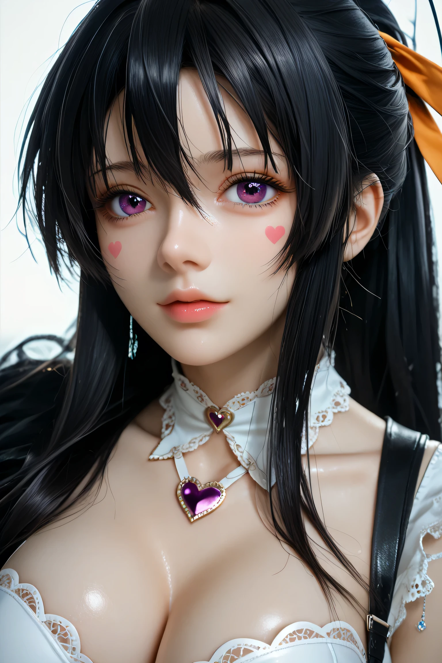 ( masterpiece , mejor calidad), 1 girl,2d, beautiful face,( long black hair ),( black hair)( black hair largo),( purple eyes),pesones with cold , HIGH QUALITY,ultra detailed ,himejima_akeno, collect,  long hair, orange ribbon in the hair, big breasts , heart shaped lingerie self adhesive stickers..