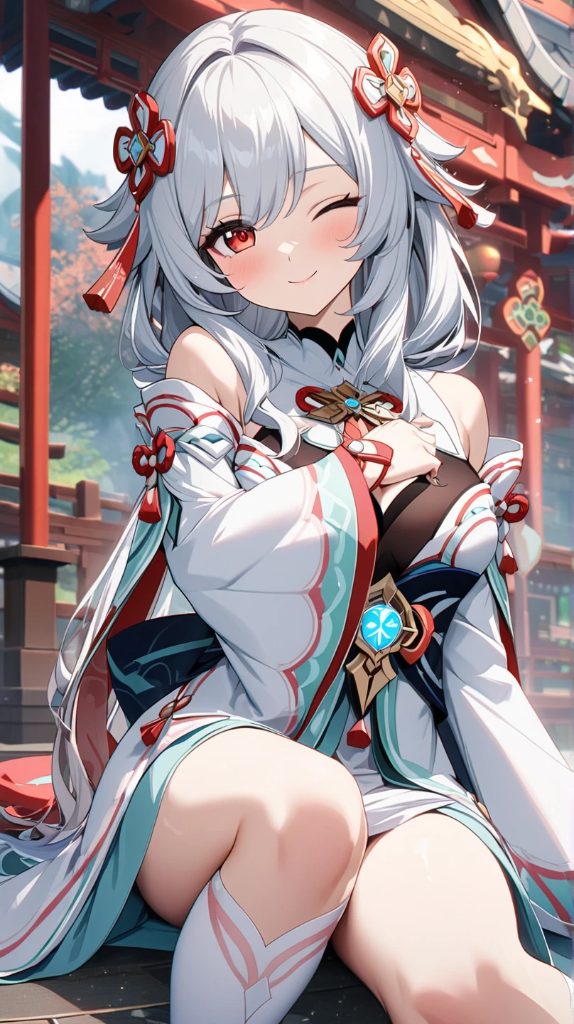 Masterpiece、Highest quality、Super detailed、Fluffy and soft long hair、Gray Hair、Diamond Eyes、Big Tits、Too big breasts、Shrine maiden、Mysterious Shrine、Starry Sky、Fox ears and tail、smile、Belly button