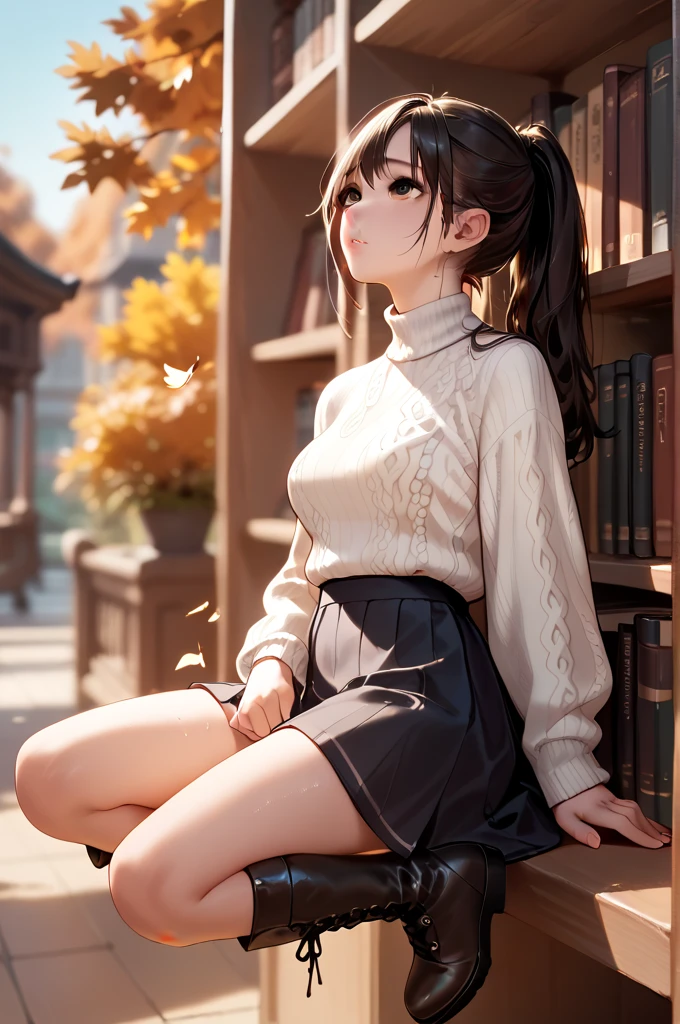  very cute woman　 very cute Japanese woman　 pubic skin　 white skin　 wet lips　A sad expression　Wavy long hairstyle　Perfect System　 white sweater　 long black skirt 　 black boots　Autumn library 　 cm apart　 Looking up at the sky