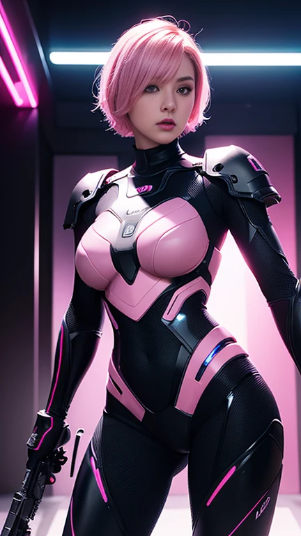 attractive woman wavy pink short hair in futuristic neon light strap bodysuit, realistic art style, 8k high quality detailed art, beautiful digital artwork, Pink Girl, anime colored, Kawaii realistic portrait ,Beautiful breasts, chest press together, Seductive figure, full body shot ,Upper Body, Dynamic poses ,luminous light glow, Neon cyberpunk aesthetic background
