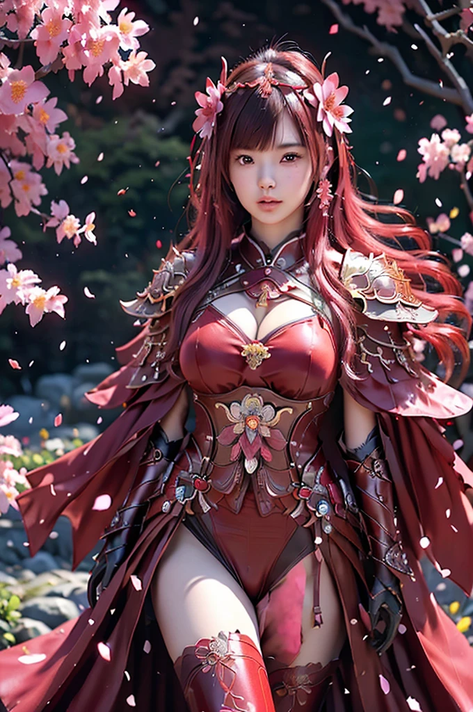 A sexy female character wearing red armor as a warrior from the Warring States period、((realistic))、((Medium long hair))、((Cherry red hair))、((toned body))、(glistening skin)、 tight body、((mega breasts 1.8))、 plump breasts 、 plump thighs 、 The red armor with the Satsuki flower pattern engraved on it is bikini type and is designed to accentuate chest exposure、( Wearing a cape with azalea flower pattern)、garter skirt、White shin guards engraved with azalea flowers、Red high-cut underwear、Red tights、 absolute domain、((stylish pose))、Dramatic lighting、((Azalea flowers in full bloom are blooming in the background))、((Large azalea flowers in full bloom are blooming on the front))、 cinema-like scene 、((Background Japanese Satuki azalea)) 、((foreground Japanese Satuki azalea))、 Max Image、 Ultra High Definition、8k、masterpiece、crisp quality、