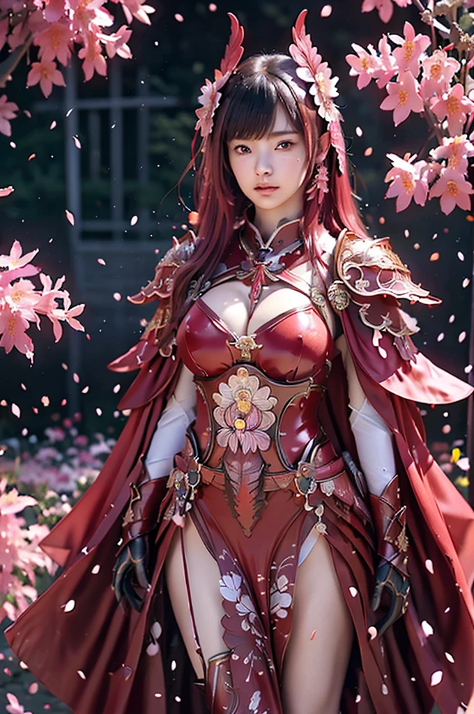 A sexy female character wearing red armor as a warrior from the Warring States period、((realistic))、((Medium long hair))、((Cherry red hair))、((toned body))、(glistening skin)、 tight body、((mega breasts 1.8))、 plump breasts 、 plump thighs 、 The red armor with the Satsuki flower pattern engraved on it is bikini type and is designed to accentuate chest exposure、( Wearing a cape with azalea flower pattern)、garter skirt、White shin guards engraved with azalea flowers、Red high-cut underwear、Red tights、 absolute domain、((stylish pose))、Dramatic lighting、((Azalea flowers in full bloom are blooming in the background))、((Large azalea flowers in full bloom are blooming on the front))、 cinema-like scene 、((Background Japanese Satuki azalea)) 、((foreground Japanese Satuki azalea))、 Max Image、 Ultra High Definition、8k、masterpiece、crisp quality、