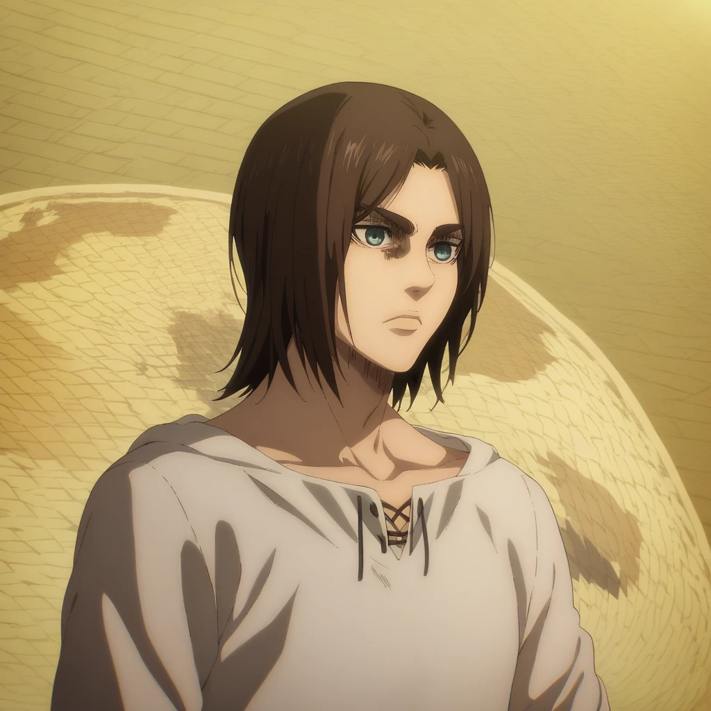 eren yeager s4, pretty facial , barba larga , On a thin beak, His eyes are grey, serious look,  dark brown hair ,  medium hair,  white shirt rolled up ,  anime style  , attack on titan, type of animation map.  full body, a single character,  HIGH QUALITY
