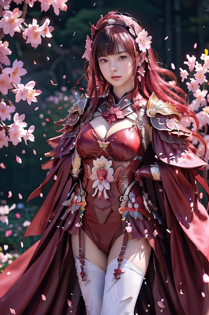 A sexy female character wearing red armor as a warrior from the Warring States period、((realistic))、((Medium long hair))、((Cherry red hair))、((toned body))、(glistening skin)、 tight body、((mega breasts 1.8))、 plump breasts 、 plump thighs 、 The red armor with the Satsuki flower pattern engraved on it is bikini type and is designed to accentuate chest exposure、( Wearing a cape with azalea flower pattern)、garter skirt、White shin guards engraved with azalea flowers、Red high-cut underwear、Red tights、 absolute domain、((acrobatic pose))、Wave a spear、Dramatic lighting、((Azalea flowers in full bloom are blooming in the background))、((Large azalea flowers in full bloom are blooming on the front))、 cinema-like scene 、((Background Japanese Satuki azalea)) 、((foreground Japanese Satuki azalea))、 Max Image、 Ultra High Definition、8k、masterpiece、crisp quality、