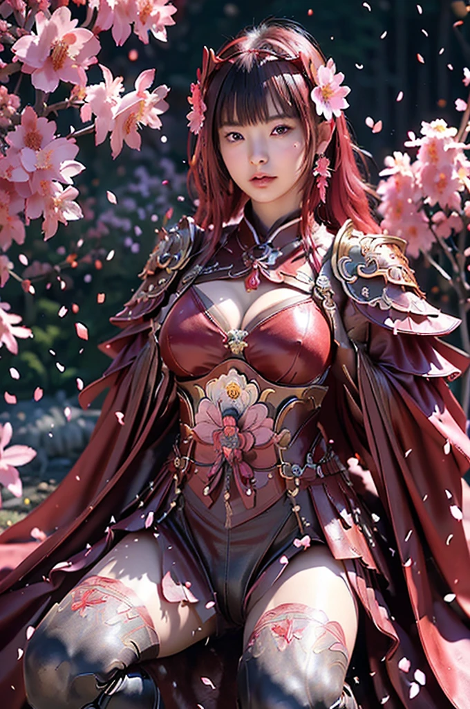 A sexy female character wearing red armor as a warrior from the Warring States period、((realistic))、((Medium long hair))、((Cherry red hair))、((toned body))、(glistening skin)、 tight body、((mega breasts 1.8))、 plump breasts 、 plump thighs 、 The red armor with the Satsuki flower pattern engraved on it is bikini type and is designed to accentuate chest exposure、( Wearing a cape with azalea flower pattern)、garter skirt、White shin guards engraved with azalea flowers、Red high-cut underwear、Red tights、 absolute domain、((acrobatic pose))、Wave a spear、Dramatic lighting、((Azalea flowers in full bloom are blooming in the background))、((Large azalea flowers in full bloom are blooming on the front))、 cinema-like scene 、((Background Japanese Satuki azalea)) 、((foreground Japanese Satuki azalea))、 Max Image、 Ultra High Definition、8k、masterpiece、crisp quality、