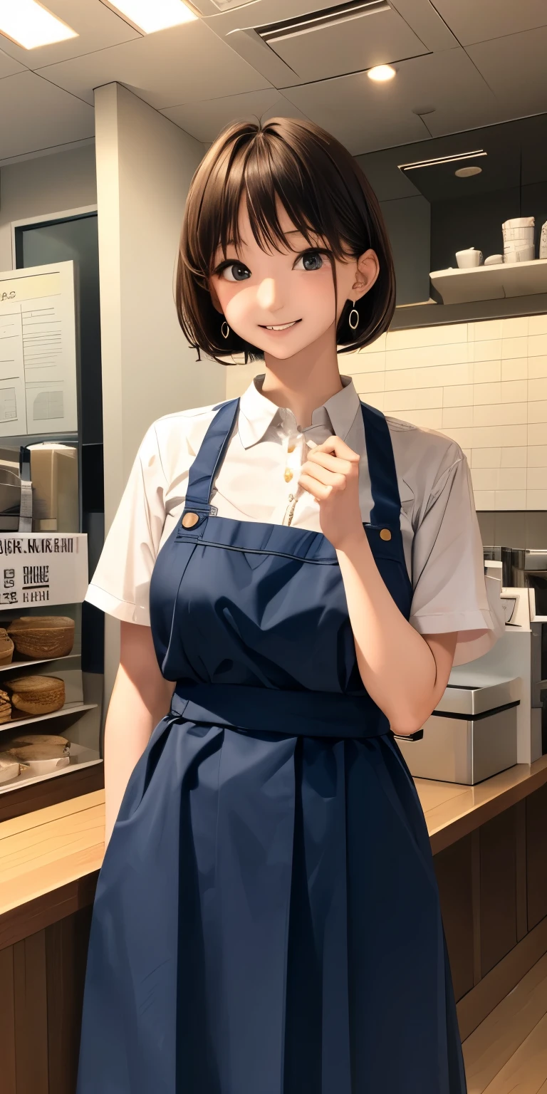 (((gigantic braests:1.2)))、((tight waist))、 (Open Cafe、Cafe staff)、Earrings、(Cafe uniform:1.5)、short hair、tray and coffee 、They hesitate,、Wet Hair,  Underarm,, (High color saturation:1.0),  (Very detailed肌), (Please redeem:1.0), (Ultra-high resolution:1.0) ,(Realistic:1.0), (Very detailed:1.0), (8k, RAW Photos:1.1)、Center of chest、Spread your legs、(Front View)、Brown Hair、slender、Serving customers