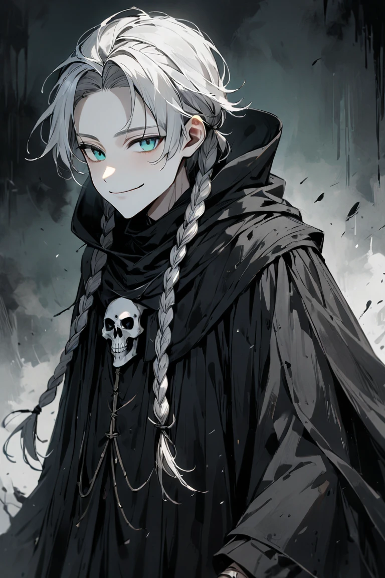 One Beautiful face young boy, Green-blue eyes, White Hair, Black Rope, Reaper, Priest, Long Viking Braided hair style, Skull mask, wearing hood,Smile