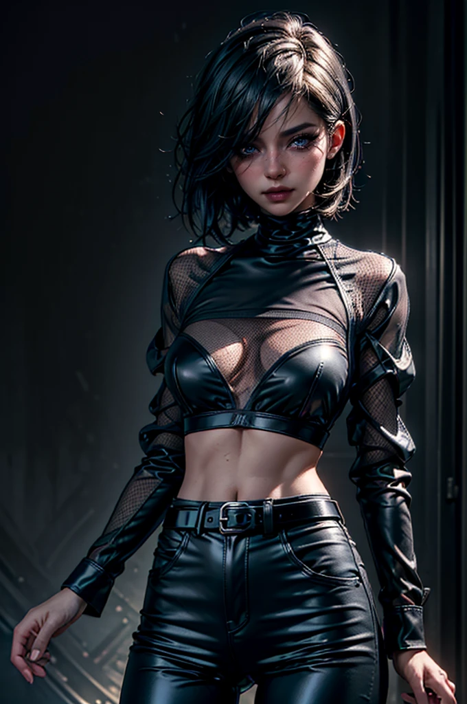 cowboy shot,a pretty 21 year old girl,back hair,short hair, hair over one eye,blue eyes,lora_Emma,skinny body type, (((very long sleeved black mesh shirt))),(covered torso),(very high-waist black ultra glossy and shiny latex pants),(belt),empty studio,(best quality,4k,8k,highres,masterpiece:1.2),ultra-detailed,(realistic,photorealistic,photo-realistic:1.37),dramatic lighting,cinematic,fashion photography,studio lighting,high contrast,vivid colors,beautiful detailed eyes,beautiful detailed lips,extremely detailed eyes and face,long eyelashes