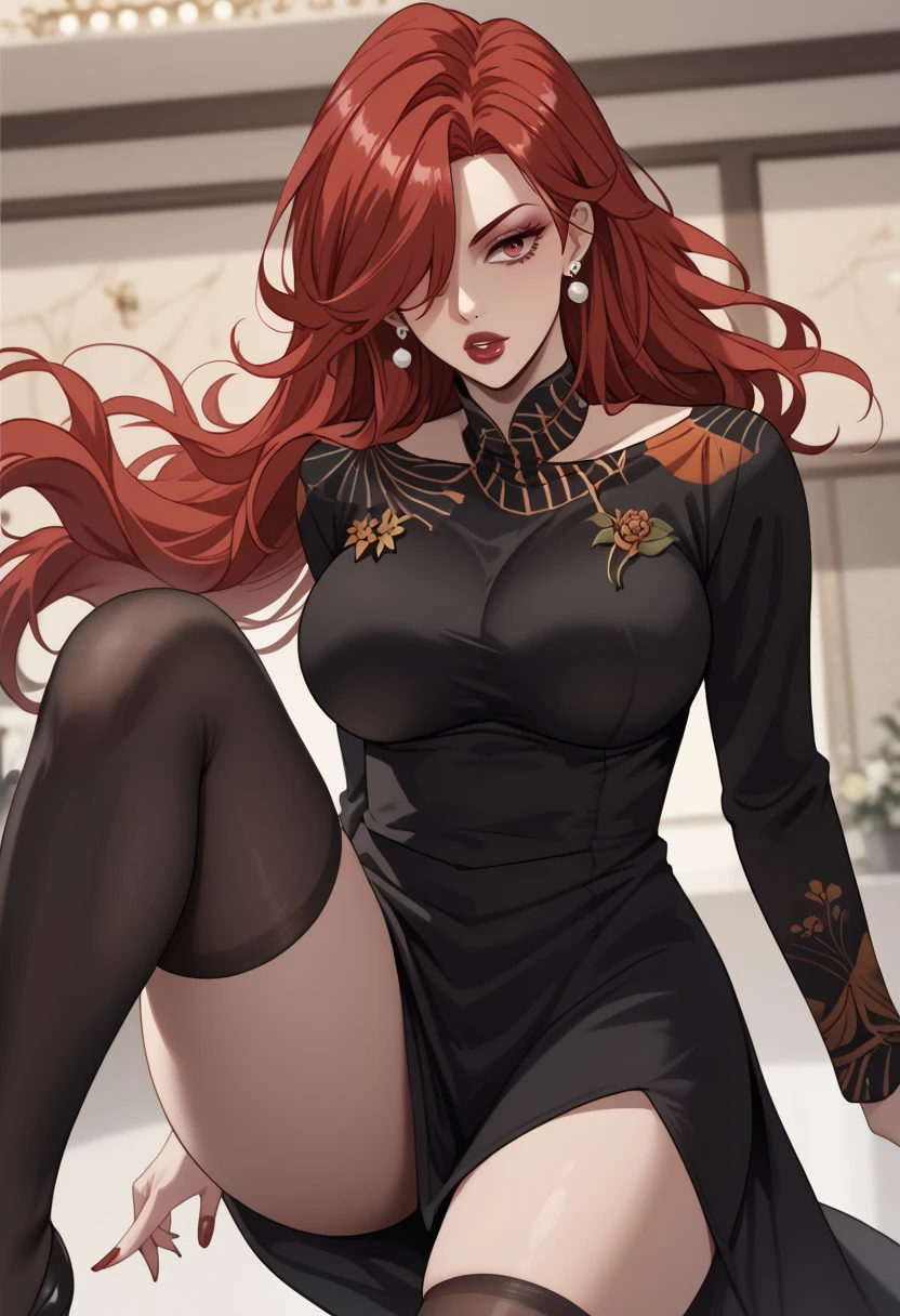 score_9, score_8_up, score_7_up, BREAK, YeHuan, long hair, red hair, hair over one eye, large breasts, red eyes, red lips, makeup, red nails, jewelry, earrings, black dress, print dress, tight dress, long sleeves, long dress, black thighhighs, leg raised, 1girl, solo,