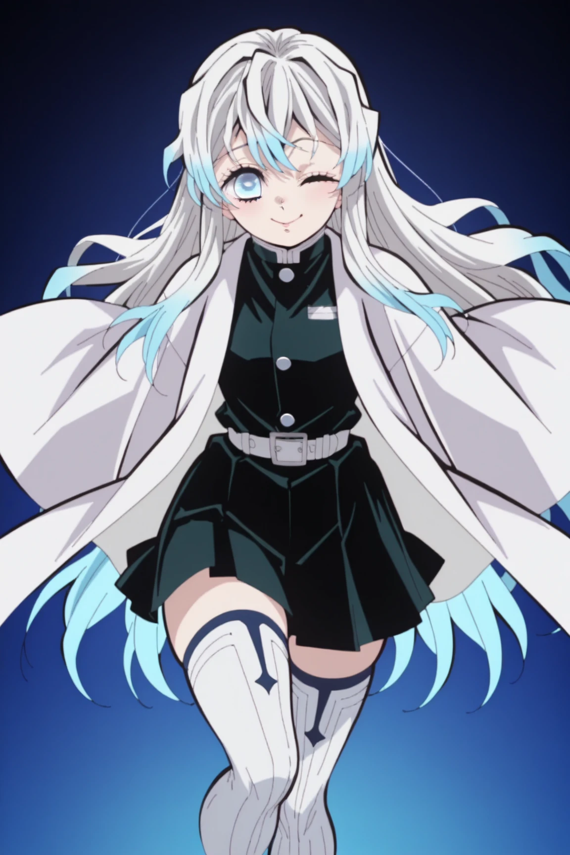 1girl, solo, bright blue , very long hair, blue eyes, white haori, demon slayer uniform, white stockings, sexy legs, wink, sweet pose, 