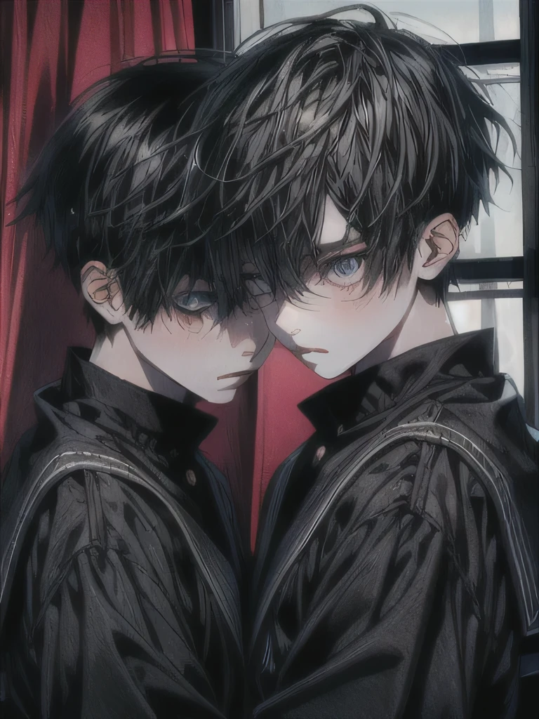 Highest quality,Cool boys,Charm,Black Hair,Short Hair,Gray Eyes,Staring at the audience,Wearing a hoodie,Hood down,One person,alone,Perfect Face,Soft look,smile