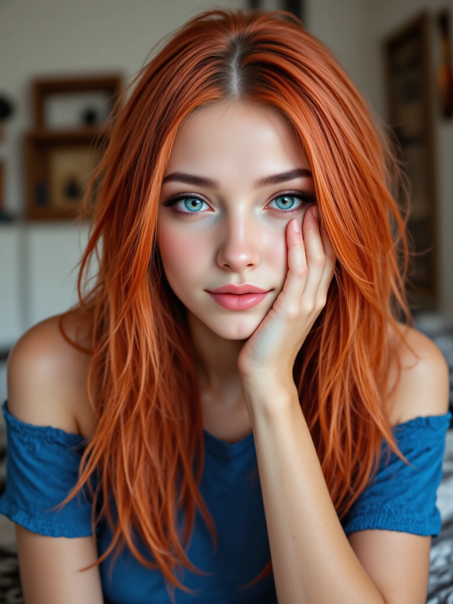 1girl, long straight messy red hair with long bangs over her blue eyes, beautiful, detailed eyes, hair cascading in soft waves \(hairstyle\), 20 years old.  Blue top,, {{beautiful detailed face}}, photorealistic , {{aesthetic}}, {{{best quality}}}, stunning, perfect body, soft features, looking at viewer, {playful|smirking} \(expression\), upper body, leaning, hand on face