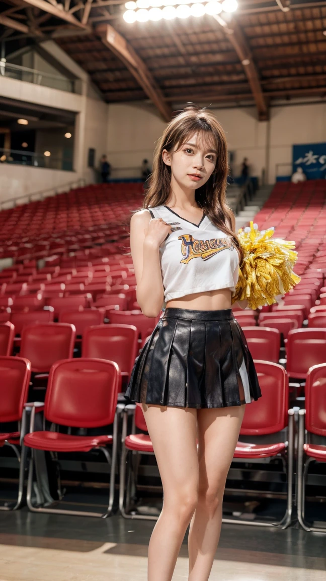 A beautiful young Japanese woman, 20 years old, with perfect anatomy, healthy thighs, beautiful feet, flawless skin, random hair color and style, large bust, (she is standing:1.2), wearing a cheerleader uniform with micro-pleated miniskirt, in a full body shot, standing in a stadium, (best quality,4k,8k, highres, masterpiece:1.3), (extremely detailed:1.2), Manatsu Akimoto