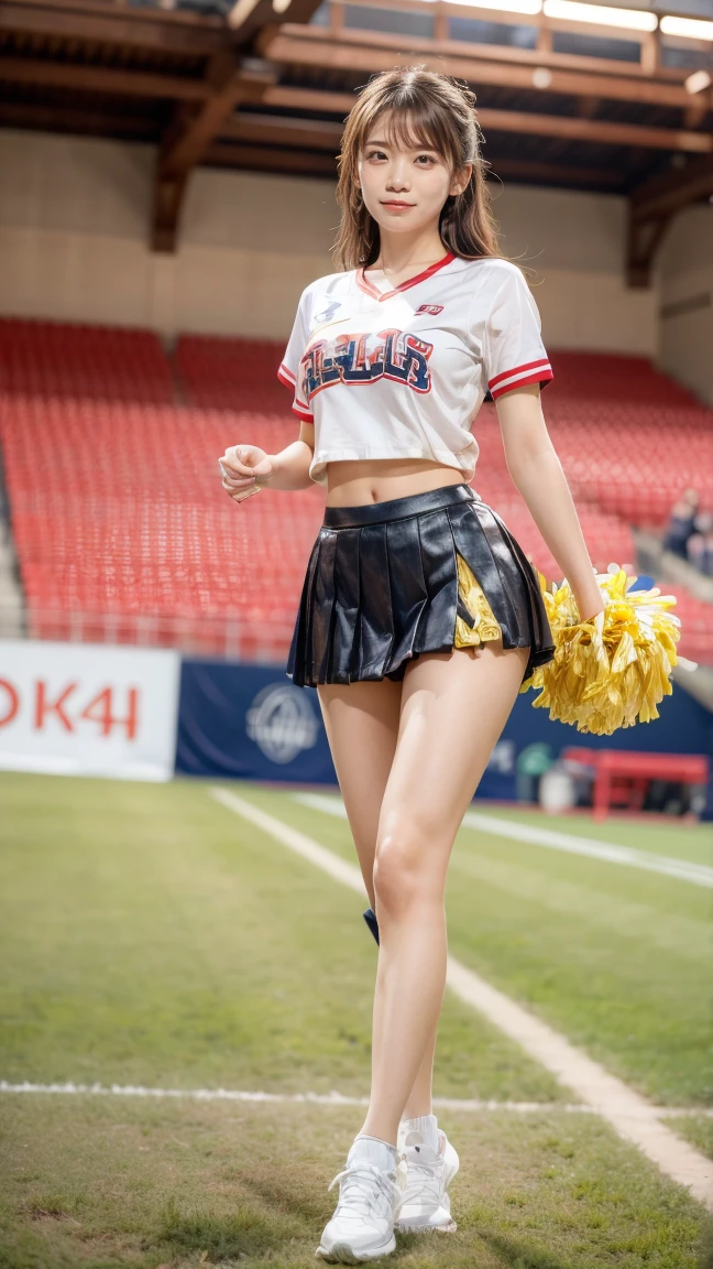 A beautiful young Japanese woman, 20 years old, with perfect anatomy, healthy thighs, beautiful feet, flawless skin, random hair color and style, large bust, (she is standing:1.2), wearing a cheerleader uniform with micro-pleated miniskirt, in a full body shot, standing in a stadium, (best quality,4k,8k, highres, masterpiece:1.3), (extremely detailed:1.2), Manatsu Akimoto