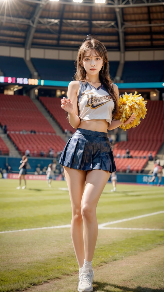 A beautiful young Japanese woman, 20 years old, with perfect anatomy, healthy thighs, beautiful feet, flawless skin, random hair color and style, large bust, (she is standing:1.2), wearing a cheerleader uniform with micro-pleated miniskirt, in a full body shot, standing in a stadium, (best quality,4k,8k, highres, masterpiece:1.3), (extremely detailed:1.2), Manatsu Akimoto