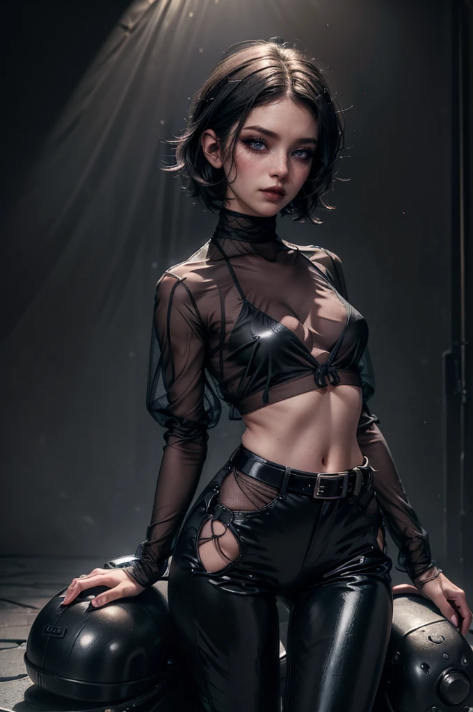 cowboy shot,a pretty 21 year old girl,back hair,short hair, hair over one eye,blue eyes,lora_Emma,skinny body type, (((very long sleeved black mesh see-through shirt))),(covered torso),(very high-waist black ultra glossy and shiny latex pants),(belt),empty studio,(best quality,4k,8k,highres,masterpiece:1.2),ultra-detailed,(realistic,photorealistic,photo-realistic:1.37),dramatic lighting,cinematic,fashion photography,studio lighting,high contrast,vivid colors,beautiful detailed eyes,beautiful detailed lips,extremely detailed eyes and face,long eyelashes