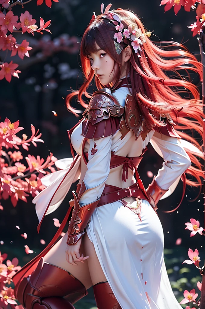 A sexy female character wearing red armor as a warrior from the Warring States period、((Medium long hair))、((Cherry red hair))、((toned body))、(glistening skin)、 tight body、((mega breasts 1.8))、 plump breasts 、 plump thighs 、 The red armor with the Satsuki flower pattern engraved on it is bikini type and is designed to accentuate chest exposure、( Wearing a cape with azalea flower pattern)、garter skirt、White shin guards engraved with azalea flowers、Red high-cut underwear、Red tights、 absolute domain、 (back view:1.3)、Dramatic lighting、((Azalea flowers in full bloom are blooming in the background))、((Large azalea flowers in full bloom are blooming on the front))、 cinema-like scene 、((Background Japanese Satuki azalea)) 、((foreground Japanese Satuki azalea))、 Max Image、 Ultra High Definition、8k、masterpiece、crisp quality、