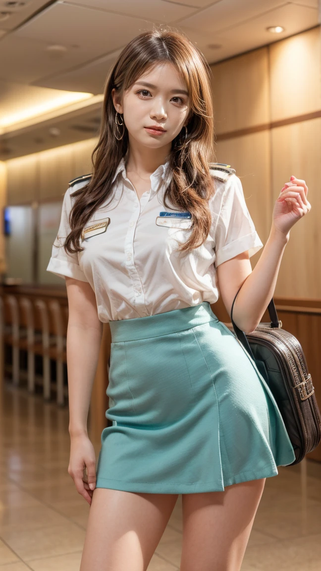 A beautiful, 24-year-old Japanese woman with perfect anatomy, healthy thighs, beautiful legs, beautiful skin, random hair color and style, large breasts, (wearing a flight attendant uniform with a mini-skirt:1.3), (she is standing:1.2), full body shot, pumps, carrying a suitcase, at the airport, (best quality,4k,8k,highres,masterpiece:1.3),(extremely detailed:1.2),realistic,photorealistic,photo-realistic:1.37,professional,vivid colors, studio lighting, Manatsu Akimoto