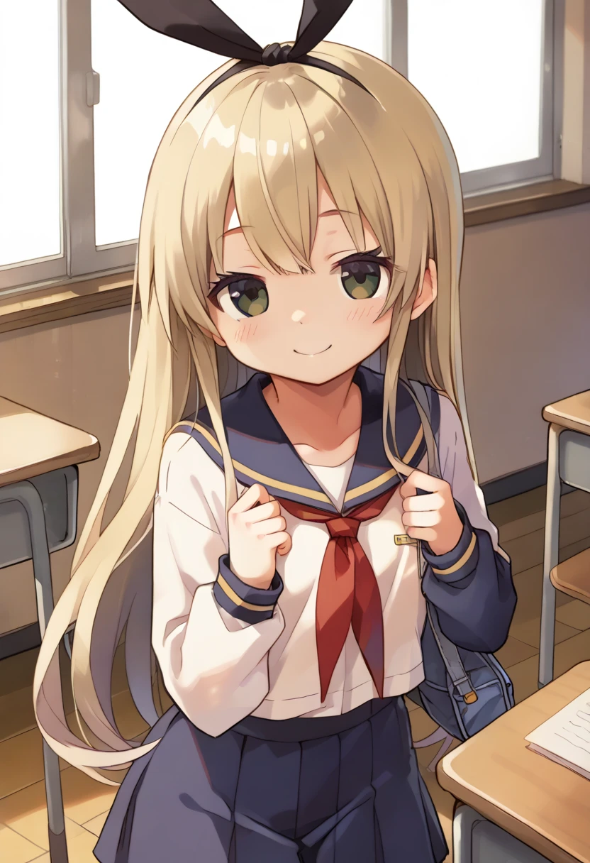 1Girl, score_9, score_8_up, score_7_up,shimakaze,  school outfit, blush, classroom, big smile