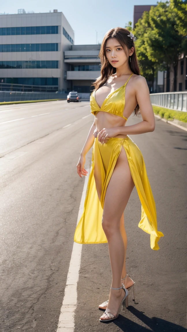 A beautiful Japanese woman, 20 years old, perfect anatomy, healthy thighs, beautiful legs, beautiful skin, random hair color, random hairstyle, large breasts, race queen, (race queen costume:1.3), zent, (she is standing:1.2), full body shot, high heels, racing circuit, (best quality,4k,8k, highres, masterpiece:1.3), (extremely detailed:1.2),photorealistic, cinematic lighting,HDR,professional photography, vivid colors, Manatsu Akimoto