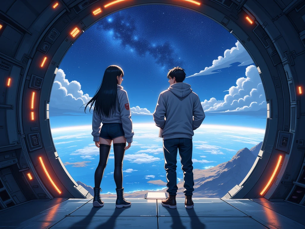 An anime woman in a tight spacesuit looking out the window of her ship at a universe with 6 illuminated planets, the sun and the Milky Way, next to her, there is an anime man also in a tight spacesuit with several ships flying.