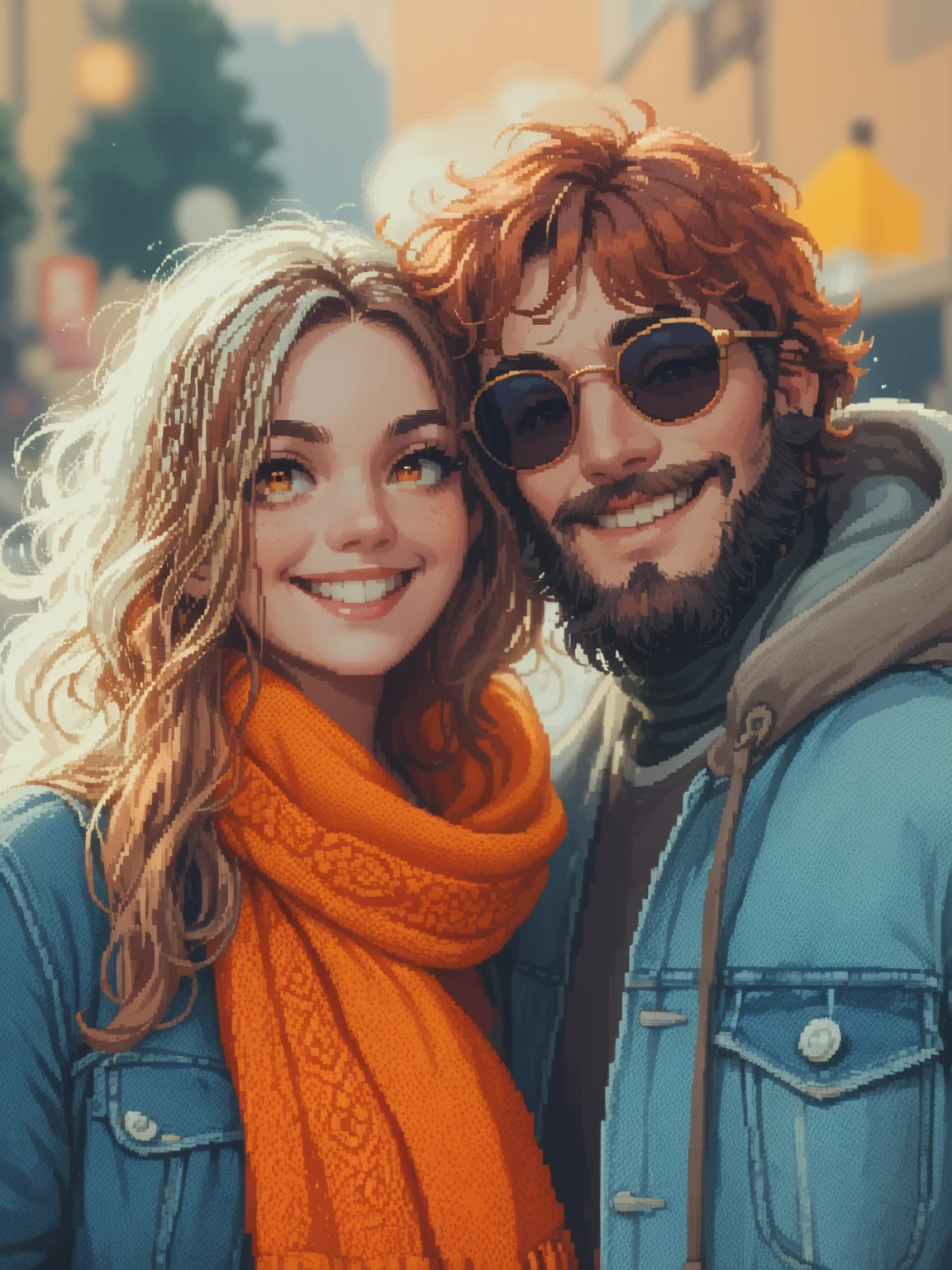 create a 8-bit pixel art cartoon of A cheerful young couple outdoors on a sunny day, smiling warmly at the camera. The woman has long flowing auburn hair, wearing a bright orange scarf and denim jacket, while the man has curly hair, a beard, round sunglasses, and a casual outfit with a hooded jacket and beanie. The background is softly blurred, suggesting an urban or park setting, with bright natural lighting