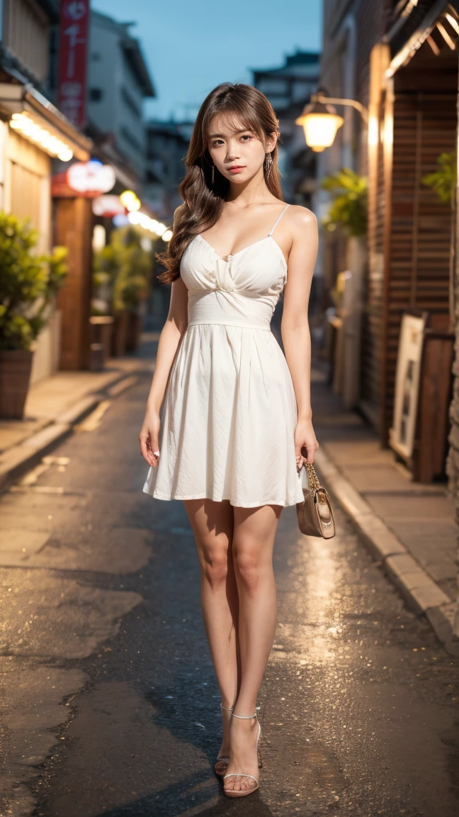 a beautiful young Japanese woman, 24 years old, with healthy thighs, beautiful legs, flawless skin, random hair color and hairstyle, large breasts, a hostess wearing a hostess dress, high heels, (she is standing:1.2), full body shot, holding a purse in one hand, on a busy city street at night, (best quality,4k,8k,highres,masterpiece:1.3),(extremely detailed:1.2),detailed anatomy,photorealistic,vibrant colors, dramatic lighting, Manatsu Akimoto