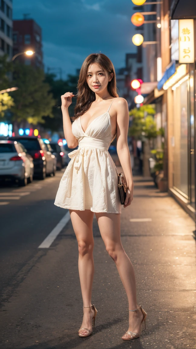 a beautiful young Japanese woman, 24 years old, with healthy thighs, beautiful legs, flawless skin, random hair color and hairstyle, large breasts, a hostess wearing a hostess dress, high heels, (she is standing:1.2), full body shot, holding a purse in one hand, on a busy city street at night, (best quality,4k,8k,highres,masterpiece:1.3),(extremely detailed:1.2),detailed anatomy,photorealistic,vibrant colors, dramatic lighting, Manatsu Akimoto