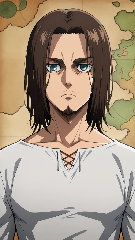 eren yeager s4, handsome facial with long beard, On a thin beak, His eyes are grey, serious look,  dark brown hair ,  medium hair,  white shirt rolled up ,  anime style  , attack on titan, type of animation map.  full body, a single character,  HIGH QUALITY
