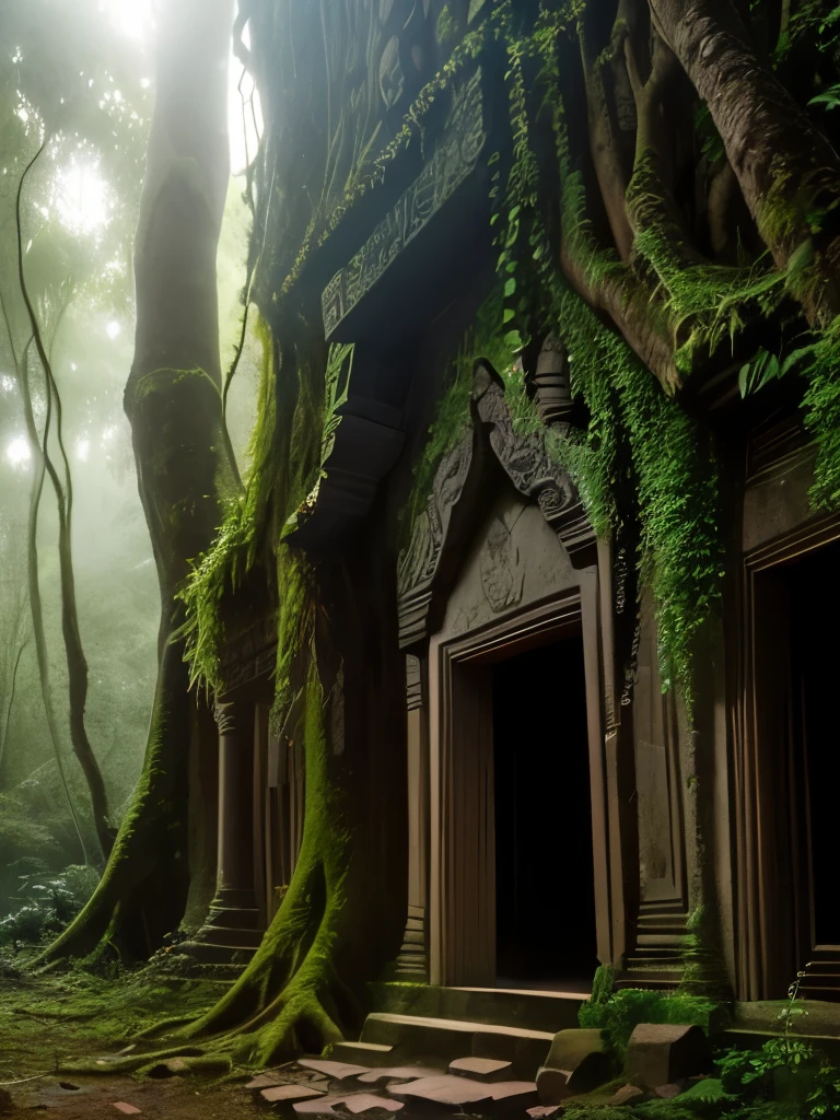 trees growing on the side of a building in a jungle, angkor thon, angkor, angkor wat, buildings carved out of stone, large temples, ancient ruins in the forest, lost temple, temple ruins, ancient temple, mysterious temple setting, ancient temple ruins, a mystical temple, beautiful ancient trees, ruined temple covered with moss, ancient jungle, ancient architecture