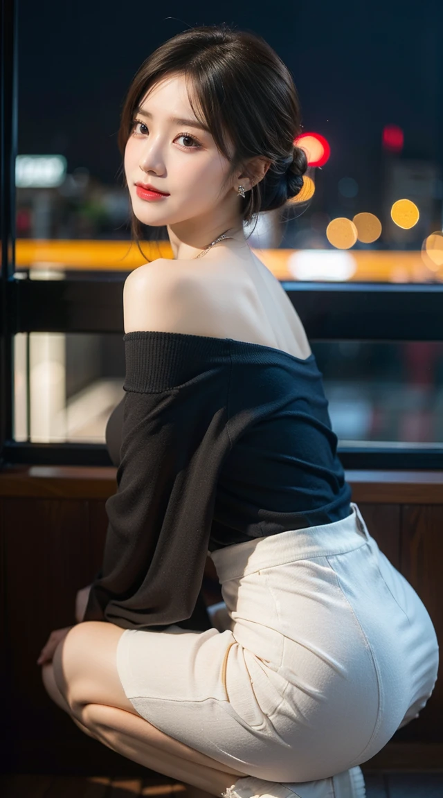 highest quality, masterpiece, 8K quality, Attention to detail, Photo Style, Detailed Background, A beautiful 27-year-old woman is wearing a black kimono., She is leaning back in a chair in a fashionable cafe, With a well-shaped bust, Defined waist, And beautiful blonde. The hairstyle is bob、She seems to be an essential part of the cafe., charm everyone around you. Please generate a detailed description for this scene.
