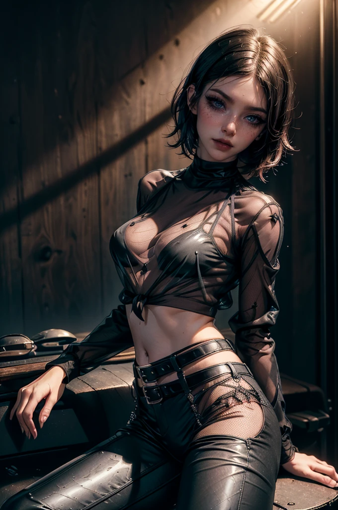 cowboy shot,a pretty 21 year old girl,back hair,short hair, hair over one eye,blue eyes,lora_Emma,skinny body type, (((very long sleeved black mesh see-through shirt))),(covered torso),(very high-waist black ultra glossy and shiny latex pants),(belt),empty studio,(best quality,4k,8k,highres,masterpiece:1.2),ultra-detailed,(realistic,photorealistic,photo-realistic:1.37),dramatic lighting,cinematic,fashion photography,studio lighting,high contrast,vivid colors,beautiful detailed eyes,beautiful detailed lips,extremely detailed eyes and face,long eyelashes