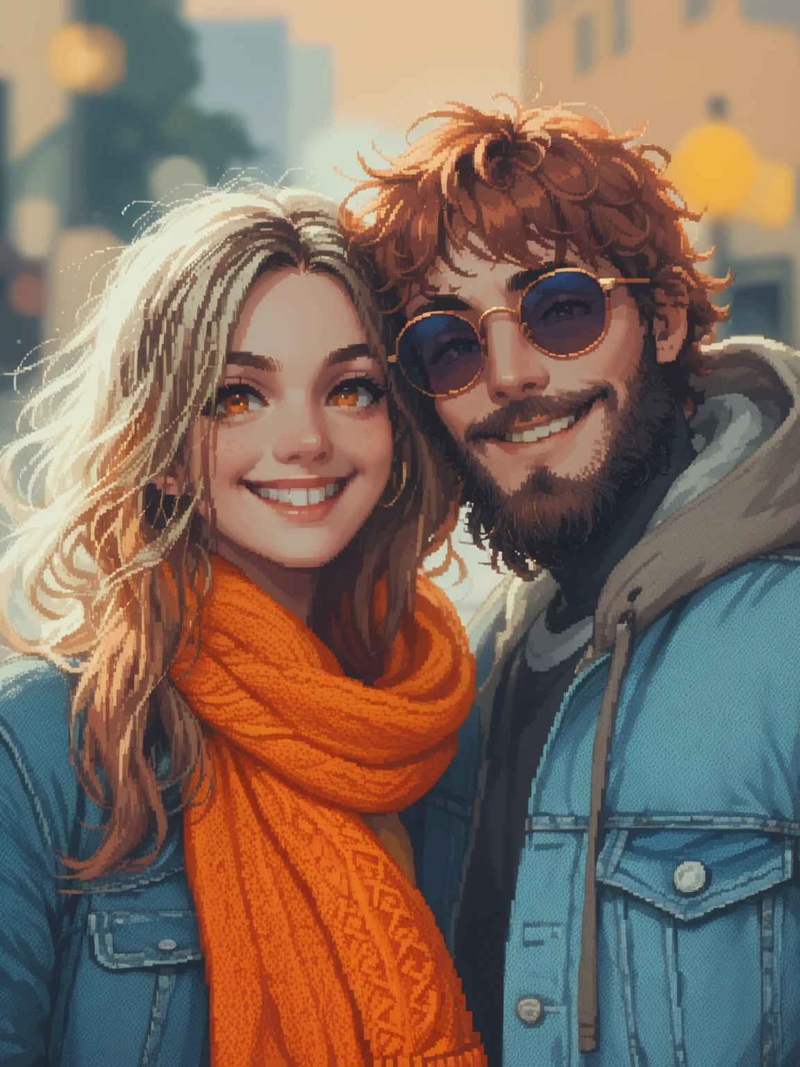 create a 16-bit colorfull pixel art cartoon of A cheerful young couple outdoors on a sunny day, smiling warmly at the camera. The woman has long flowing auburn hair, wearing a bright orange scarf and denim jacket, while the man has curly hair, a beard, round sunglasses, and a casual outfit with a hooded jacket and beanie. The background is softly blurred, suggesting an urban or park setting, with bright natural lighting